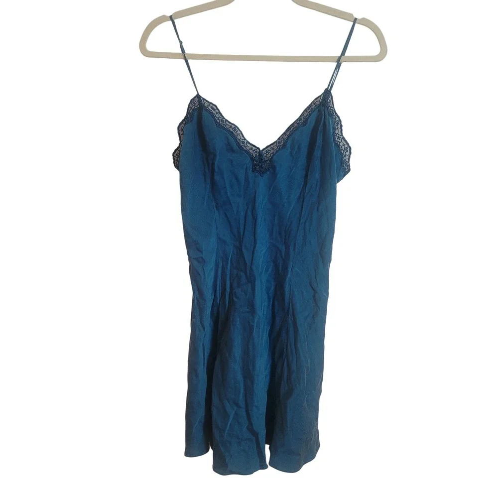 Vintage Victorias Secret Gold Label 100%‎ Silk Lace Trim Chemise Teal Blue Large